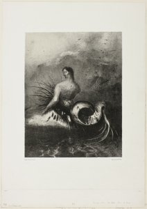 Sirene die uit de golven komt, gekleed in vlammen, plaat 4 van 8 uit "Les Origines" door Odilon Redon