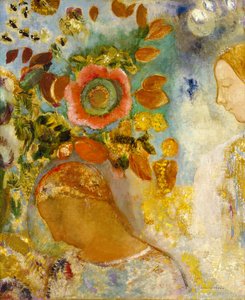 Twee jonge meisjes tussen bloemen door Odilon Redon