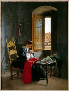 Risorgimento: vrouw die een Italiaanse vlag naait op 26/04/1859 door Odoardo Borrani