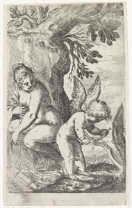 Venus kijkt naar Amor die een boog maakt