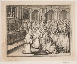Bisschop Hersleb zalft koningin Louise in de Frederiksborg Slotkerk. Illustratie voor de zalvingsakte van Frederik IV