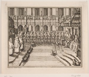 Koning Frederik V en koningin Louise tijdens de zalvingsceremonie in de Frederiksborg Slotkerk. Illustratie bij de zalvingsakte van Frederik IV door Odvardt Helmoldt de Lode