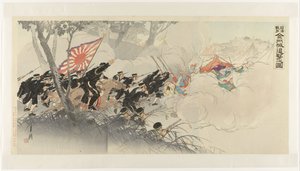 De terugtrekkende vijand bij Jinzhou tijdens de Chinees-Japanse Oorlog door Ogata Gekko