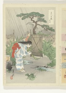 Vrouw buigend over Yamabuki struik door Ogata Gekko