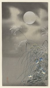 Grassen en bloemen bij volle maan door Ohara Koson