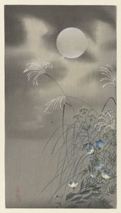 Grassen en bloemen bij volle maan door Ohara Koson