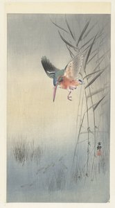 IJsvogel jagend op vis door Ohara Koson