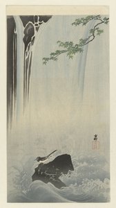 Japanse kwikstaart bij waterval door Ohara Koson
