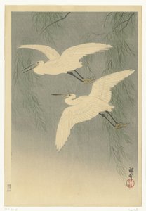 Kleine zilverreigers in vlucht door Ohara Koson