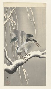 Kwak op besneeuwde tak door Ohara Koson