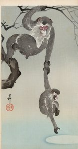 Aap en baby reiken naar de weerspiegeling van de maan door Ohara Koson