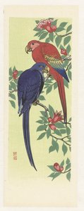 Rode en een blauwe papegaai door Ohara Koson