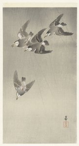 Spreeuwen in de regen door Ohara Koson