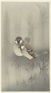 Twee ringmussen in de regen door Ohara Koson