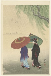 Twee vrouwen in de regen door Ohara Koson