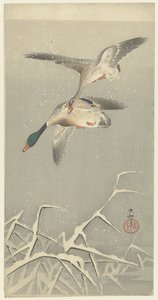 Twee wilde eenden in vlucht door Ohara Koson
