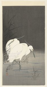 Twee zilverreigers in het riet door Ohara Koson