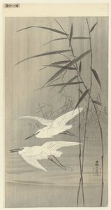 Twee zilverreigers in vlucht door Ohara Koson