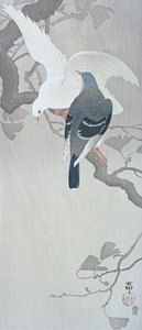 Twee duiven in de regen op een tak van een Ginkgoboom door Ohara Koson