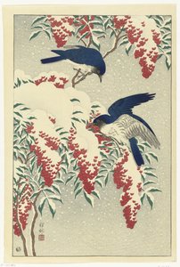 Vliegenvangers op een nandinastruik door Ohara Koson