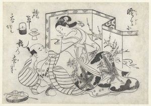 Japanse man en vrouw, rokend voor een kamerscherm door Okumura Masanobu (attributed to)
