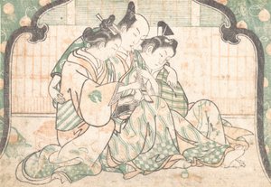 Een jonge man zittend tussen twee vrouwen, ca. 1749 door Okumura Masanobu