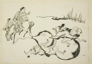 Een onmogelijke prestatie door denkbeeldige mannen, nr. 8 uit een serie van 12 prenten door Okumura Masanobu