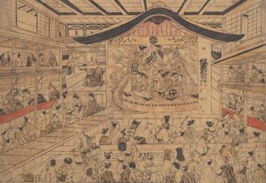In het theater door Okumura Masanobu