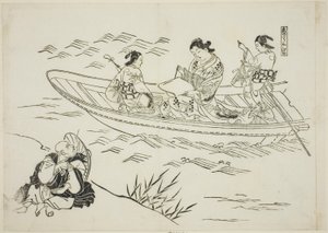 Eguchi en de vissersboot van de liefde (Koi no tsuribune Eguchi), nr. 4 uit een serie van 12 prenten met parodieën op toneelstukken door Okumura Masanobu