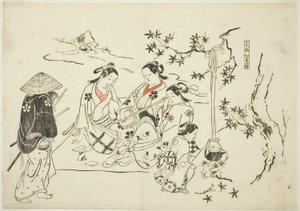 Verwarmende sake met esdoornbladeren (Kanzake momijigari), nr. 9 uit een serie van 12 prenten met parodieën op toneelstukken