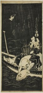 Hotei en twee kinderen op een boot door Okumura Masanobu