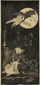 Jurojin met kraanvogels, een hert en een schildpad door Okumura Masanobu