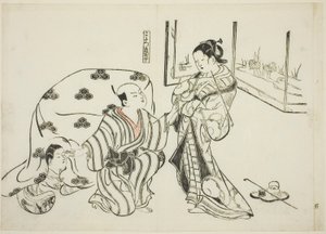 Kotatsu Dojoji, nr. 5 uit een serie van 12 prenten die parodieën van toneelstukken uitbeelden