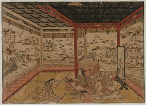 Lady Murasaki bij Ishiyama met uitzicht op een panorama met zeven uitzichten op het Biwa-meer, 1740s