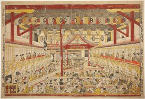 Groot Perspectiefbeeld van de Kaomise-uitvoering op het Kabuki-podium (Shibai kyogen butai kaomise o uki-e) door Okumura Masanobu