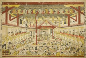 Grote perspectieftekening van de Kaomise-uitvoering op het Kabuki-podium door Okumura Masanobu