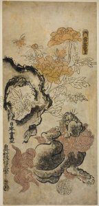 Leeuw en pioenen door Okumura Masanobu
