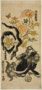 Leeuw en pioenen door Okumura Masanobu