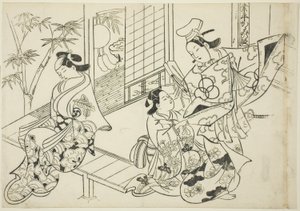 Narihira: De spiegelscène (Narihira kagami no dan), uit de serie "Beroemde Scènes uit Japanse Poppenspelen (Yamato irotake)" door Okumura Masanobu