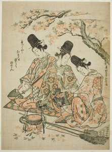 Parodie van Paleisbedienden die Esdoornbladeren Verbranden om Sake te Verwarmen uit "Het Verhaal van Heike" door Okumura Masanobu