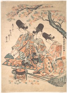 Parodie op paleisbedienden die sake verwarmen boven een vuur van esdoornbladeren door Okumura Masanobu