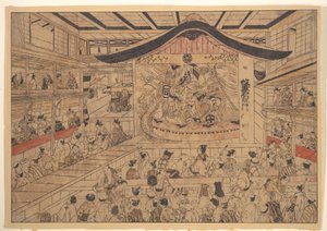 Perspectivisch gezicht (uki-e) op een kabukitheater, met een opvoering van De wapenschildpatronen van de gebroeders Soga en Nagoya Sanza (Mon-zukushi Nagoya Soga) door Okumura Masanobu