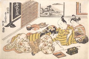 Plaat uit het erotische boek Mounds of Dyed Colors: A Pattern Book for the Boudoir, ca. 1736-44 door Okumura Masanobu