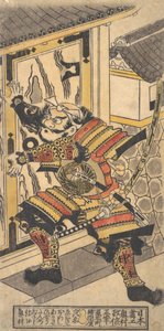 De acteur Bando Hikosaburo in de rol van Asahi na Saburo die de kasteeldeur openbreekt..., ca. 1730