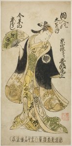 De acteur Kirinami Onoe als Osasa in het stuk "Hachijin Taiheiki," uitgevoerd in het Nakamura Theater in de achtste maand, 1727