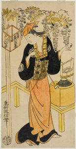 De Acteur Sanogawa Mangiku I als Ohatsu in het stuk "Sogazaki Shinju," opgevoerd in het Nakamura Theater in de vierde maand, 1719 door Okumura Masanobu