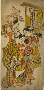De acteurs Sanjo Kantaro II als Osome en Ichikawa Monnosuke als Hisamatsu in het stuk "Osome Hisamatsu Tamoto no Shiro Shibori," uitgevoerd in het Morita theater, 1720 door Okumura Masanobu