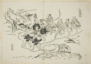 De koerier Kantan die droomt dat hij een Daimyo is, nr. 8 uit een serie van 12 prenten die parodieën van toneelstukken uitbeelden