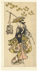 Jonge vrouw met vogelkooi door Okumura Toshinobu (attributed to)