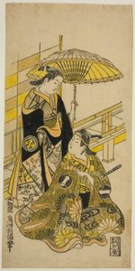 De acteurs Ichikawa Monnosuke I als Kusunoki Masatsura en Arashi Wakano als Oyuki in het stuk "Honen Taiheiki," uitgevoerd in het Nakamura Theater in de elfde maand, 1723